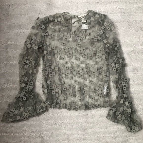 H&M Sage green sheer top with floral appliqués and flare sleeves size 4 NWT - Picture 1 of 5